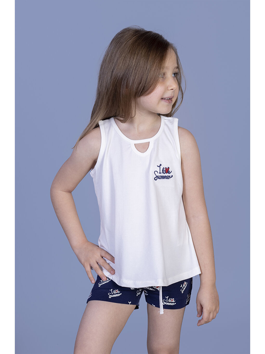 Beyaz Kız Çocuk I Love Summer Baskılı Şortlu Takım