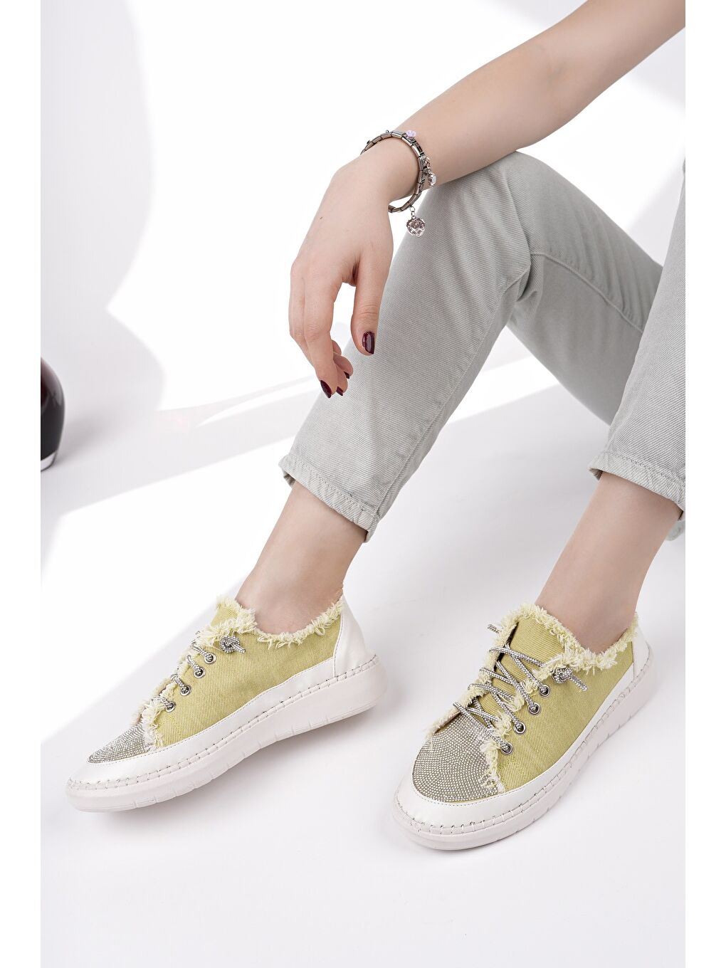 Yeşil DAMSEL Bağcıklı Taşlı Kadın Günlük Denim Sneaker Spor Ayakkabı-6
