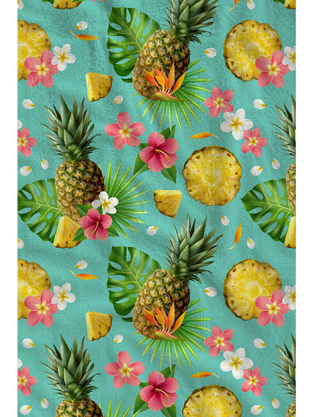 Mint Yeşili Ananas Çiçek Ve Tropikal Yaprak Desenli 70x150 Cm Dijital Baskılı Plaj Ve Banyo Havlusu-1