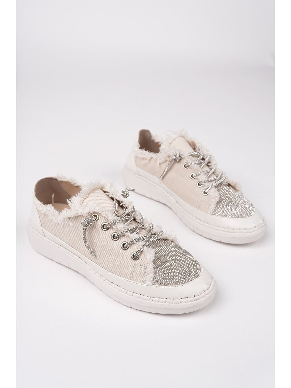 Bej DAMSEL Bağcıklı Taşlı Kadın Günlük Denim Sneaker Spor Ayakkabı