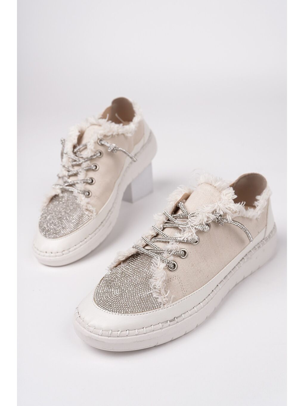 Bej DAMSEL Bağcıklı Taşlı Kadın Günlük Denim Sneaker Spor Ayakkabı-1