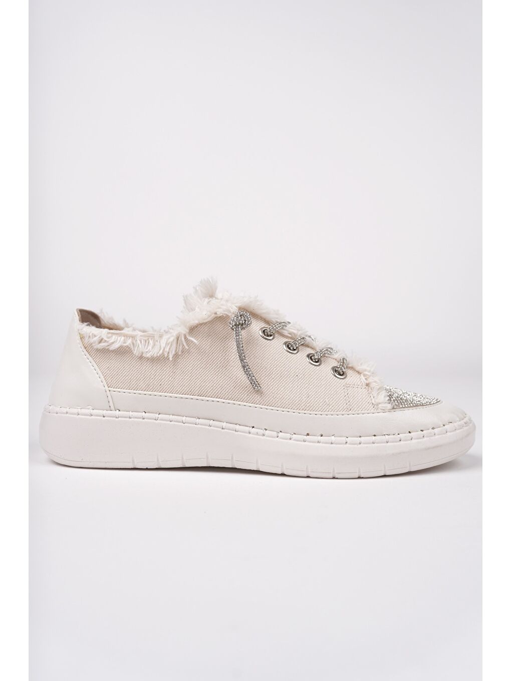Bej DAMSEL Bağcıklı Taşlı Kadın Günlük Denim Sneaker Spor Ayakkabı-2