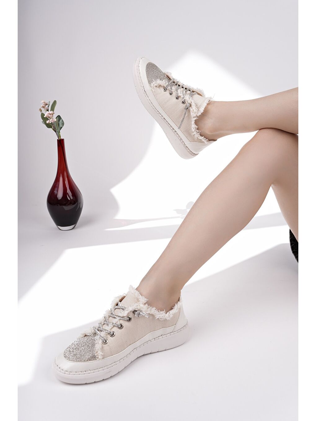 Bej DAMSEL Bağcıklı Taşlı Kadın Günlük Denim Sneaker Spor Ayakkabı-4