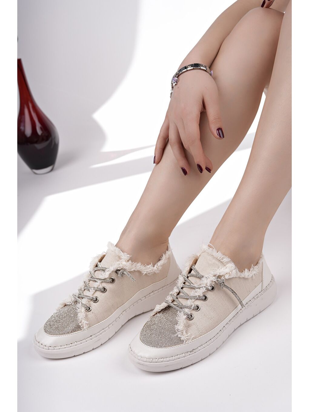 Bej DAMSEL Bağcıklı Taşlı Kadın Günlük Denim Sneaker Spor Ayakkabı-5