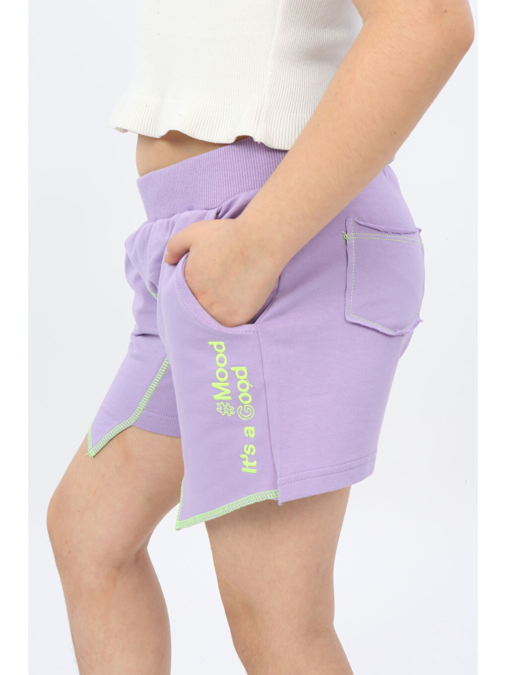 Lila Kız Çocuk Mood It S A Good Nakışlı Şort-1