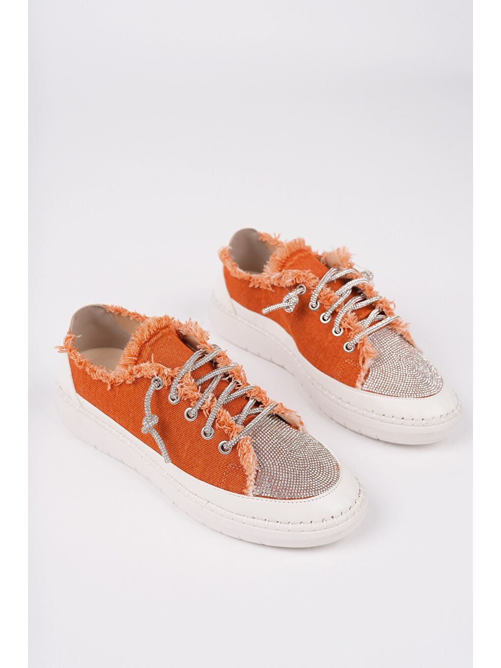Turuncu DAMSEL Bağcıklı Taşlı Kadın Günlük Denim Sneaker Spor Ayakkabı