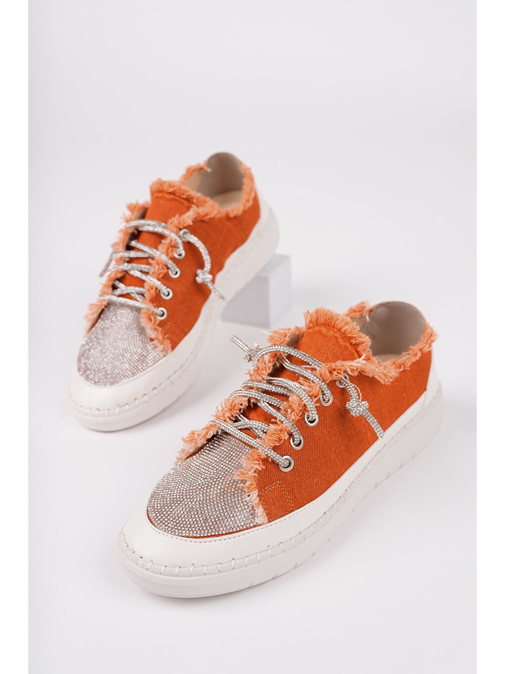 Turuncu DAMSEL Bağcıklı Taşlı Kadın Günlük Denim Sneaker Spor Ayakkabı-1