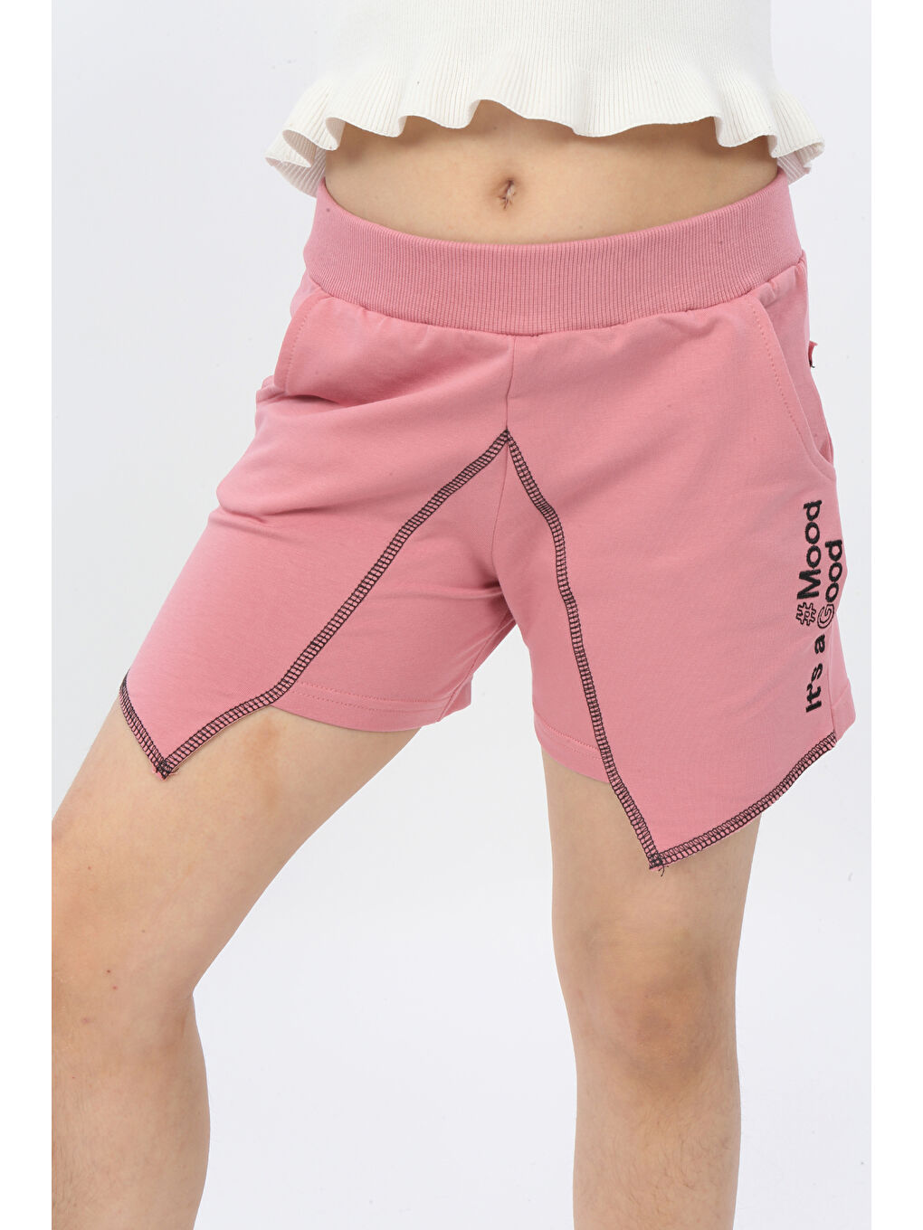 Pembe Kız Çocuk Mood It S A Good Nakışlı Şort-3