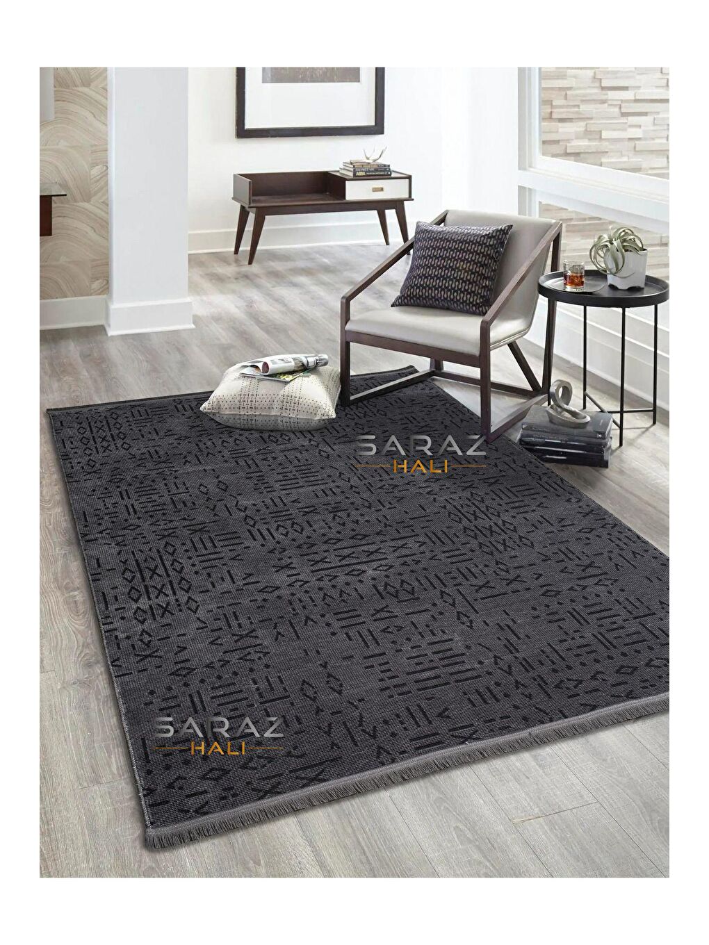 İskandinav Saçaklı Kaymaz Kilim Antrasit 80x300