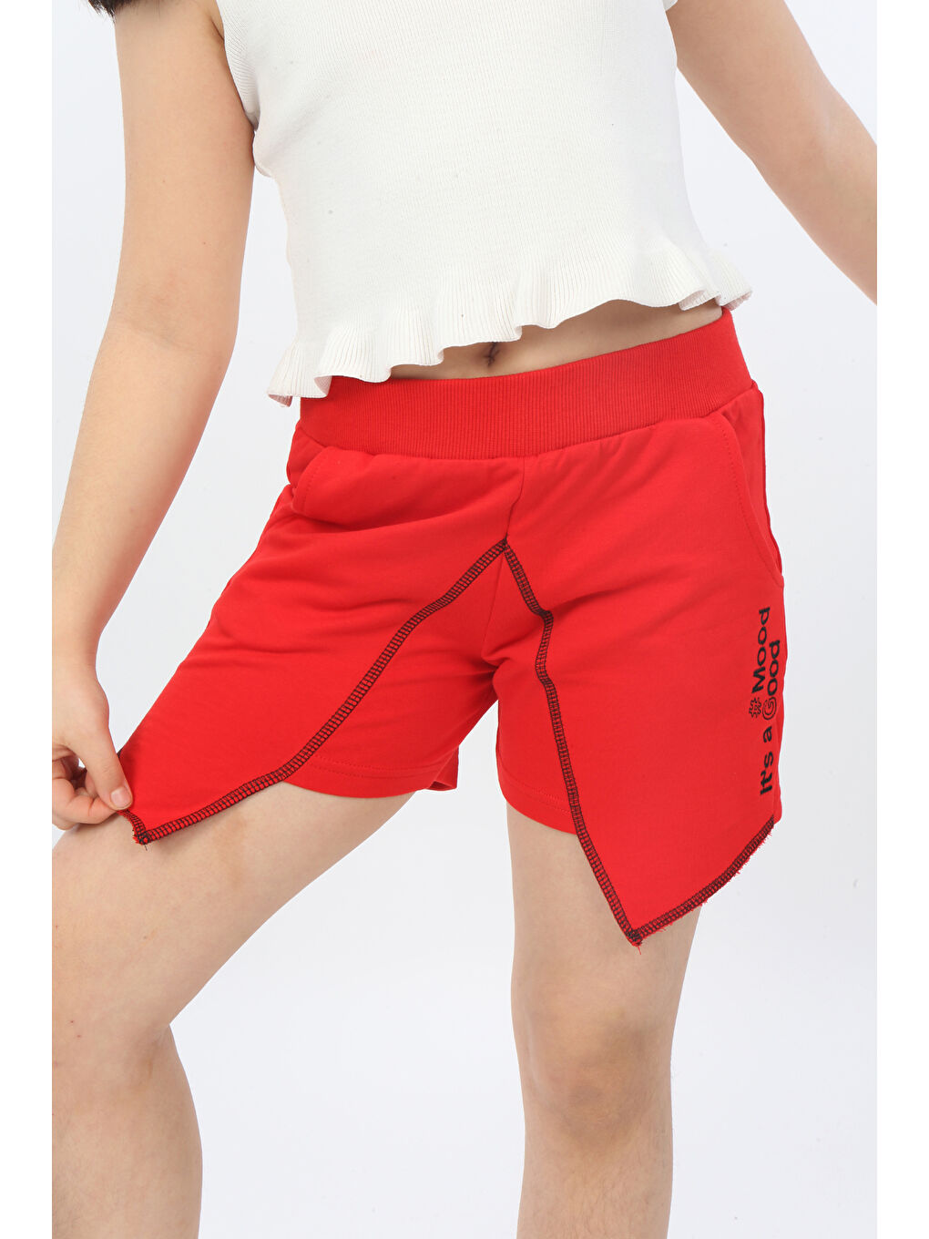 Kırmızı Kız Çocuk Mood It S A Good Nakışlı Şort-4
