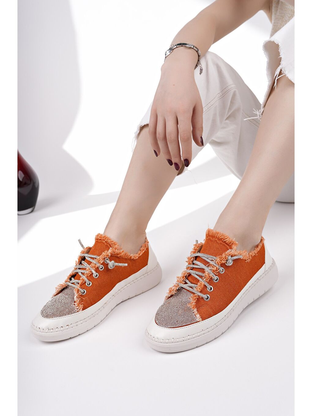 Turuncu DAMSEL Bağcıklı Taşlı Kadın Günlük Denim Sneaker Spor Ayakkabı-4