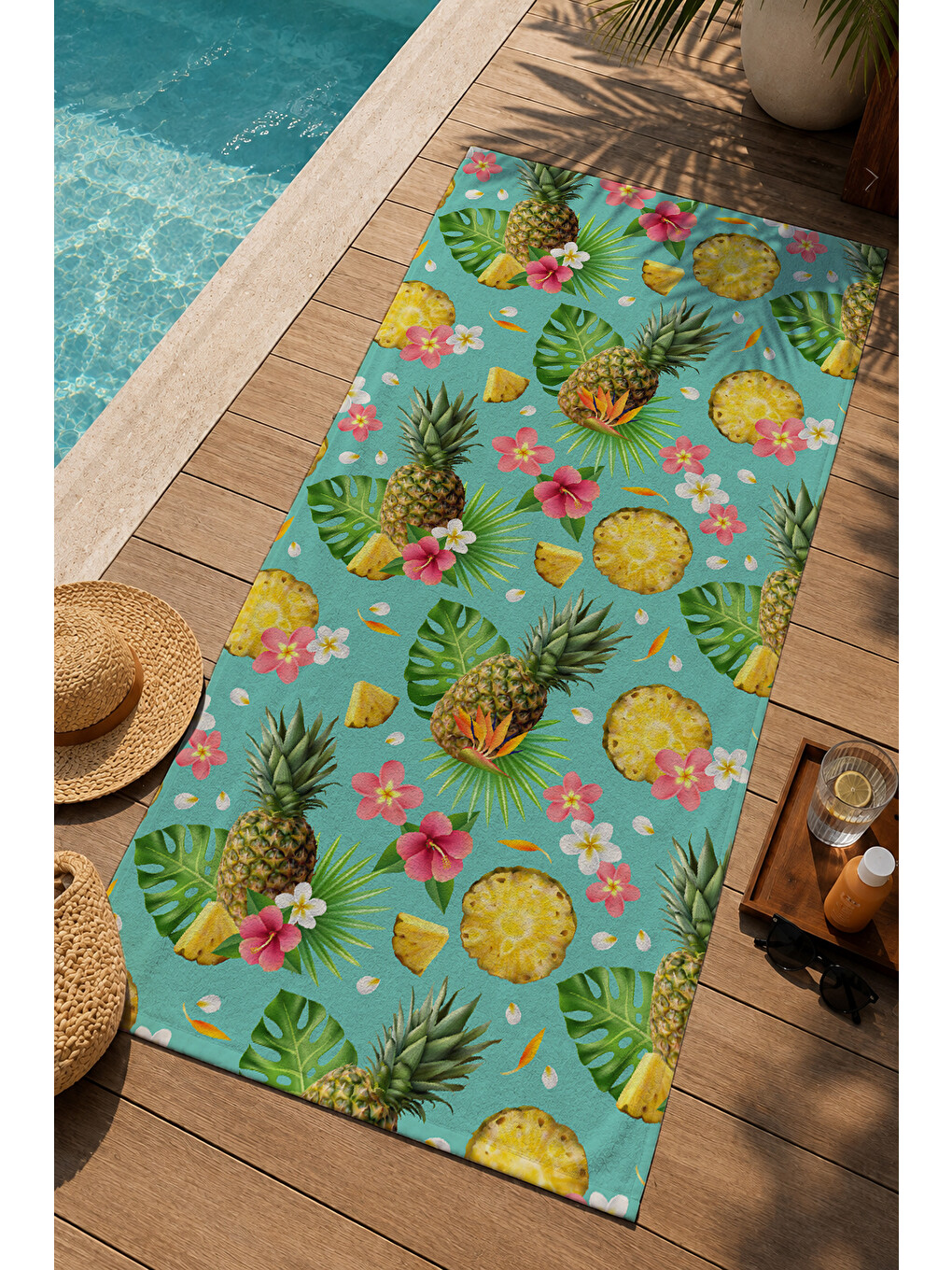 Mint Yeşili Ananas Çiçek Ve Tropikal Yaprak Desenli 70x150 Cm Dijital Baskılı Plaj Ve Banyo Havlusu-2