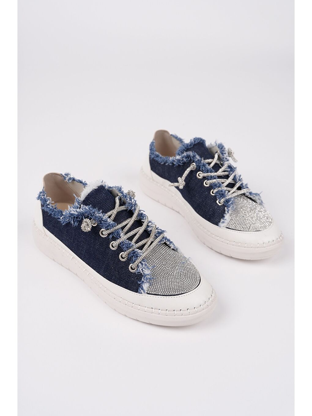 Lacivert DAMSEL Bağcıklı Taşlı Kadın Günlük Denim Sneaker Spor Ayakkabı
