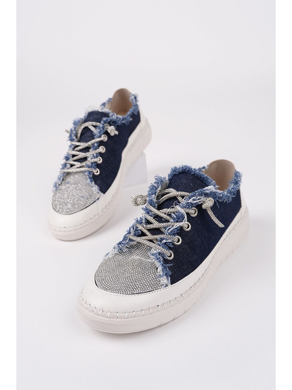 Lacivert DAMSEL Bağcıklı Taşlı Kadın Günlük Denim Sneaker Spor Ayakkabı-1