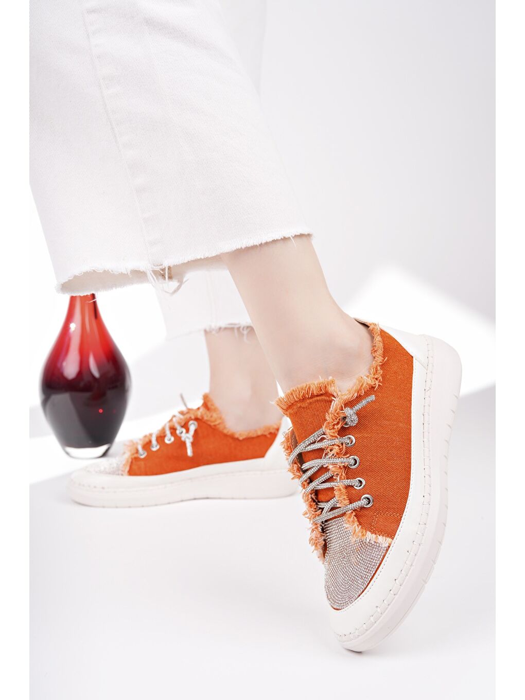 Turuncu DAMSEL Bağcıklı Taşlı Kadın Günlük Denim Sneaker Spor Ayakkabı-6