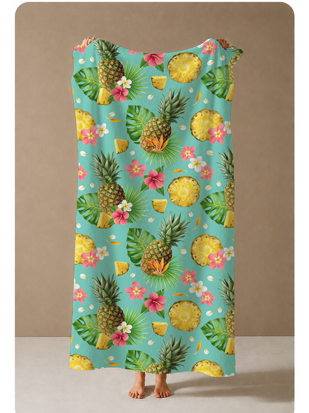 Mint Yeşili Ananas Çiçek Ve Tropikal Yaprak Desenli 70x150 Cm Dijital Baskılı Plaj Ve Banyo Havlusu-3