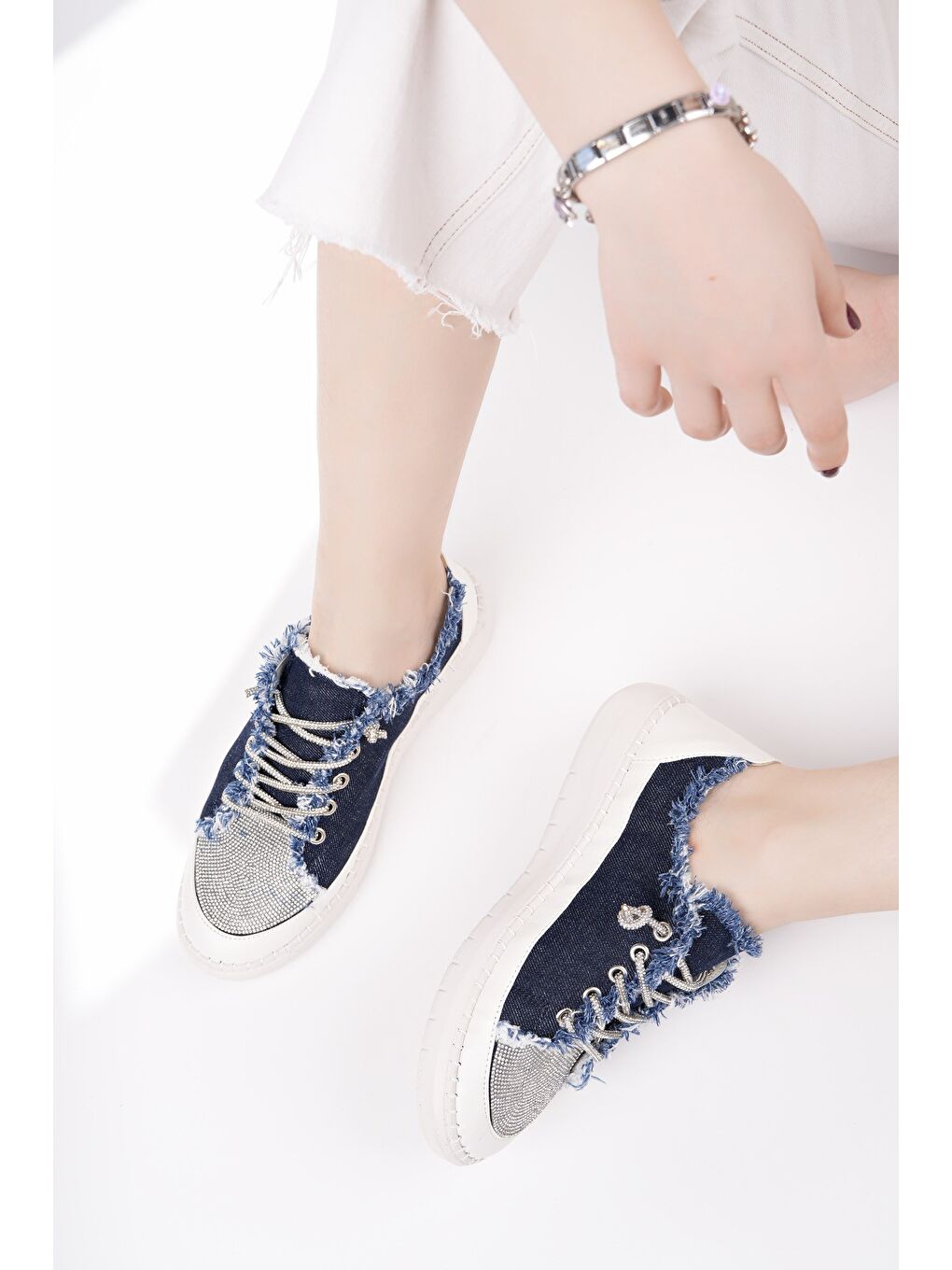 Lacivert DAMSEL Bağcıklı Taşlı Kadın Günlük Denim Sneaker Spor Ayakkabı-5