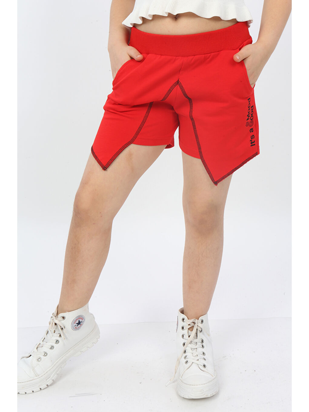Kırmızı Kız Çocuk Mood It S A Good Nakışlı Şort-6