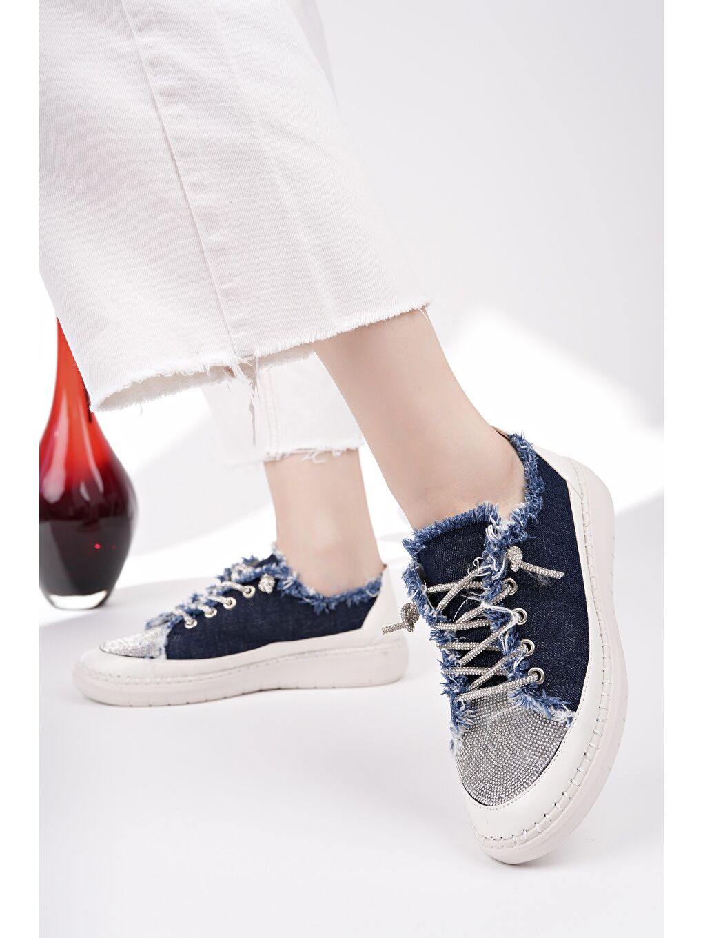 Lacivert DAMSEL Bağcıklı Taşlı Kadın Günlük Denim Sneaker Spor Ayakkabı-6