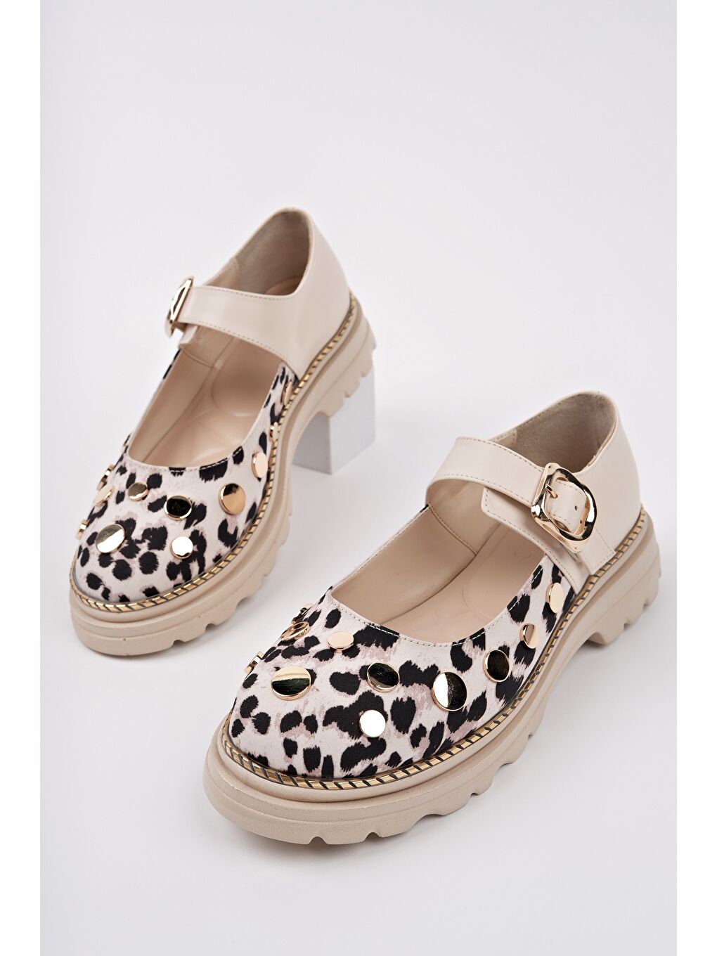 Bej EGERİA Leopar Desenli Tek Bantlı Kalın Taban Kadın Günlük Loafer Ayakkabı
