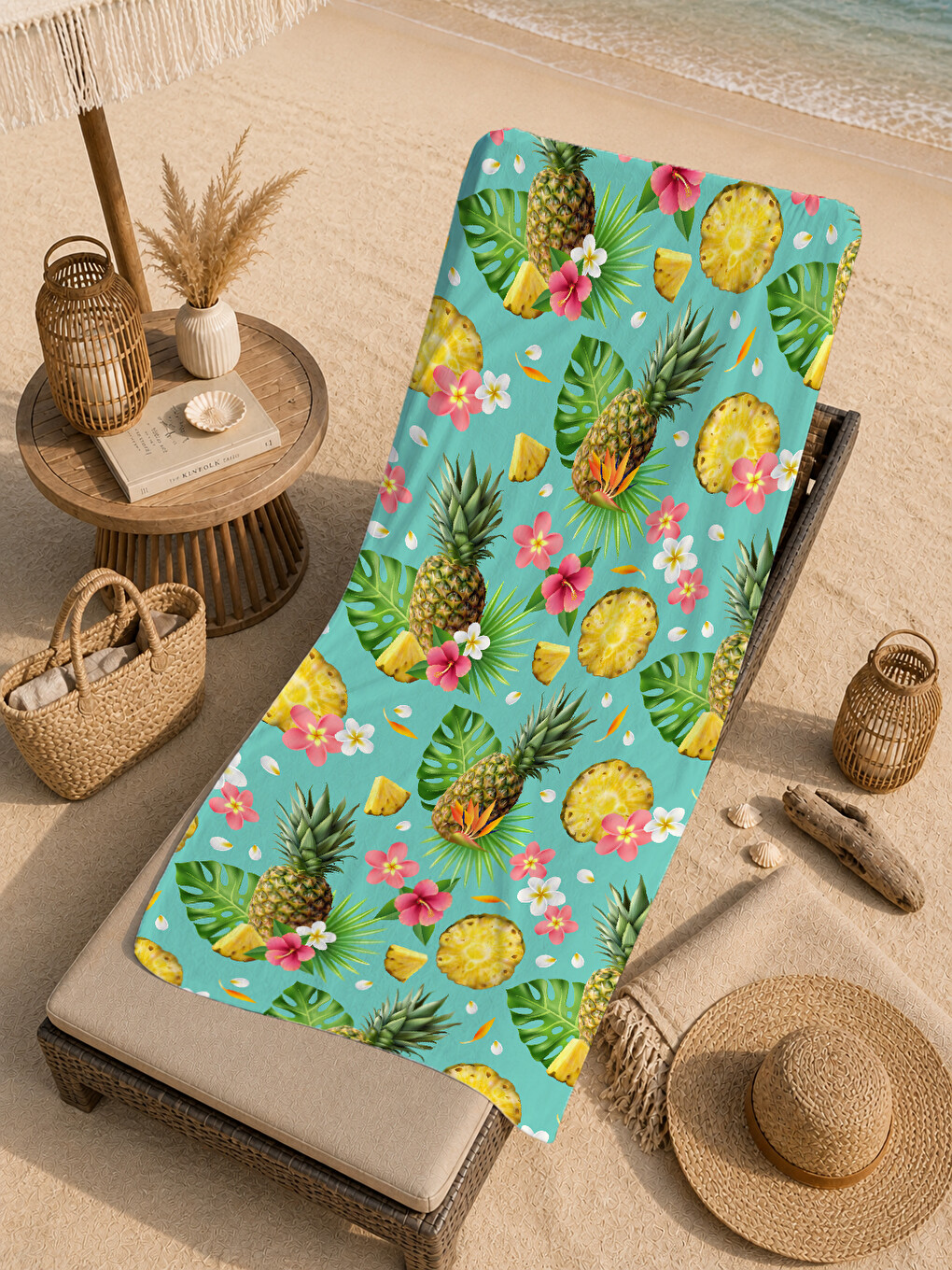 Mint Yeşili Ananas Çiçek Ve Tropikal Yaprak Desenli 70x150 Cm Dijital Baskılı Plaj Ve Banyo Havlusu-4