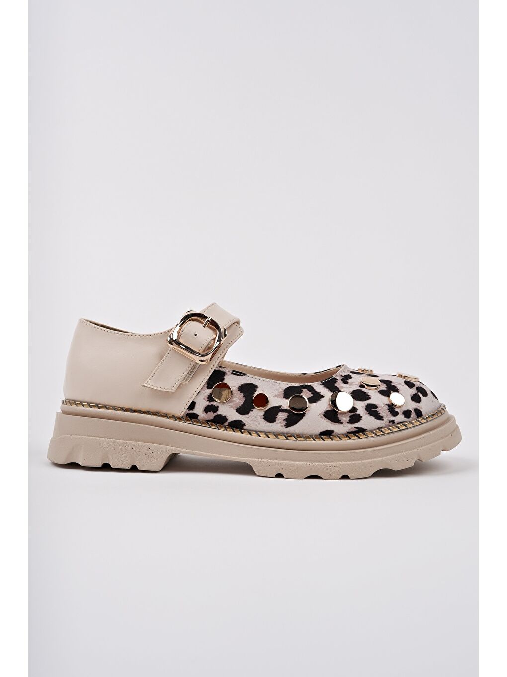Bej EGERİA Leopar Desenli Tek Bantlı Kalın Taban Kadın Günlük Loafer Ayakkabı-1
