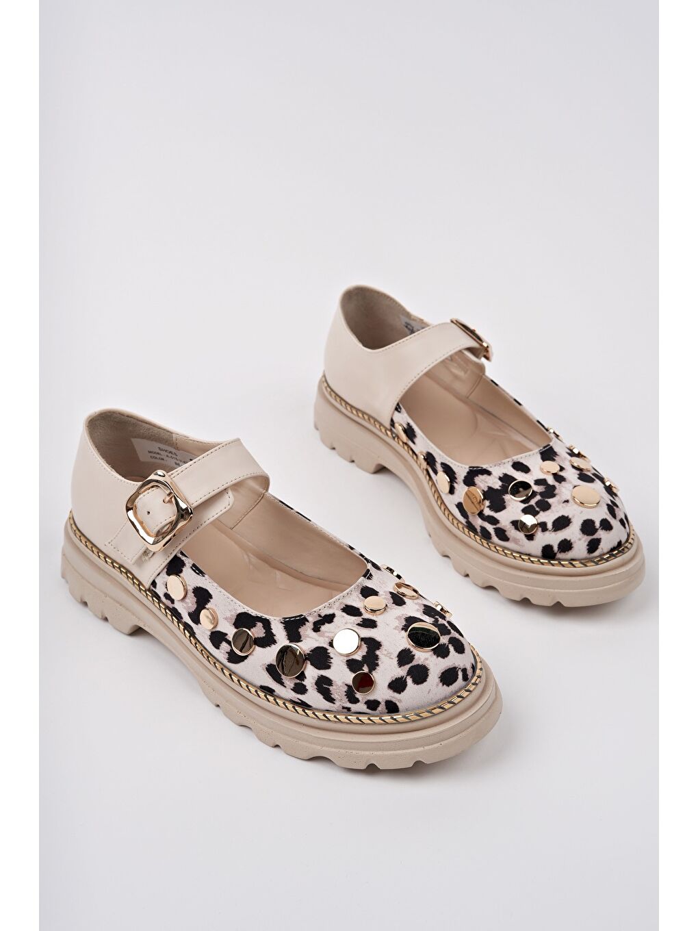 Bej EGERİA Leopar Desenli Tek Bantlı Kalın Taban Kadın Günlük Loafer Ayakkabı-2