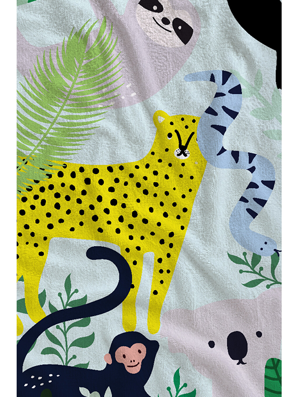 Mavi Tropikal Orman Leopar Tukan Maymun Ve Yaprak Desenli 70x150 Cm Dijital Baskılı Plaj Ve Banyo Havlusu-1