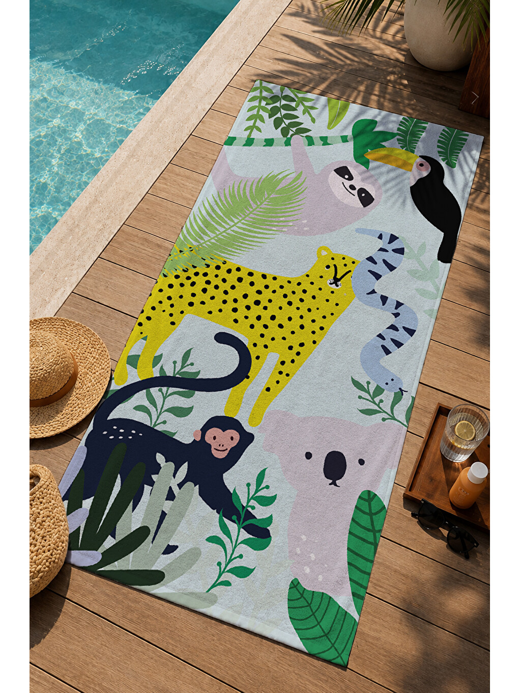 Mavi Tropikal Orman Leopar Tukan Maymun Ve Yaprak Desenli 70x150 Cm Dijital Baskılı Plaj Ve Banyo Havlusu-2