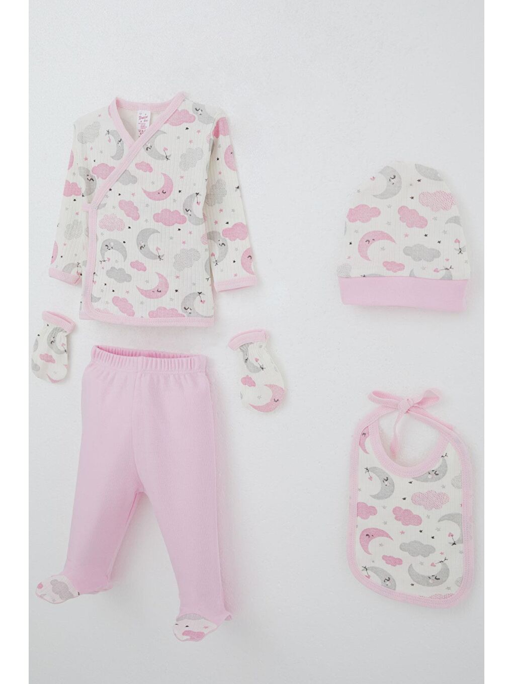 Kız Bebek Hastane Çıkışı 5 Li Gökyüzü Temalı Uykucu Ay Desenli Ekru (0-3 Ay)-1