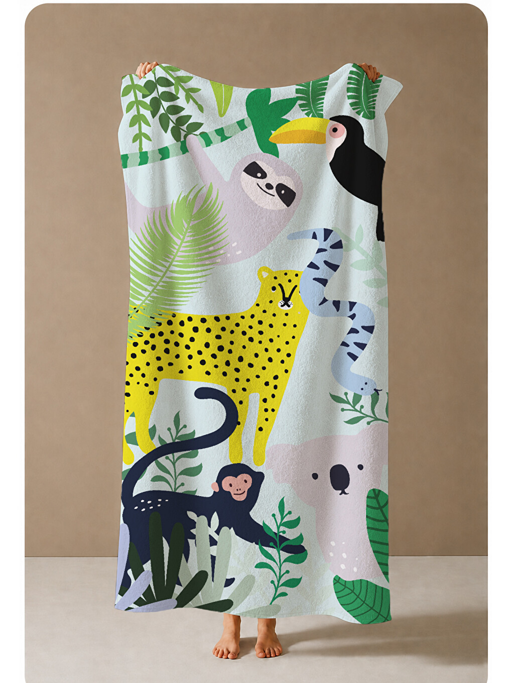 Mavi Tropikal Orman Leopar Tukan Maymun Ve Yaprak Desenli 70x150 Cm Dijital Baskılı Plaj Ve Banyo Havlusu-3