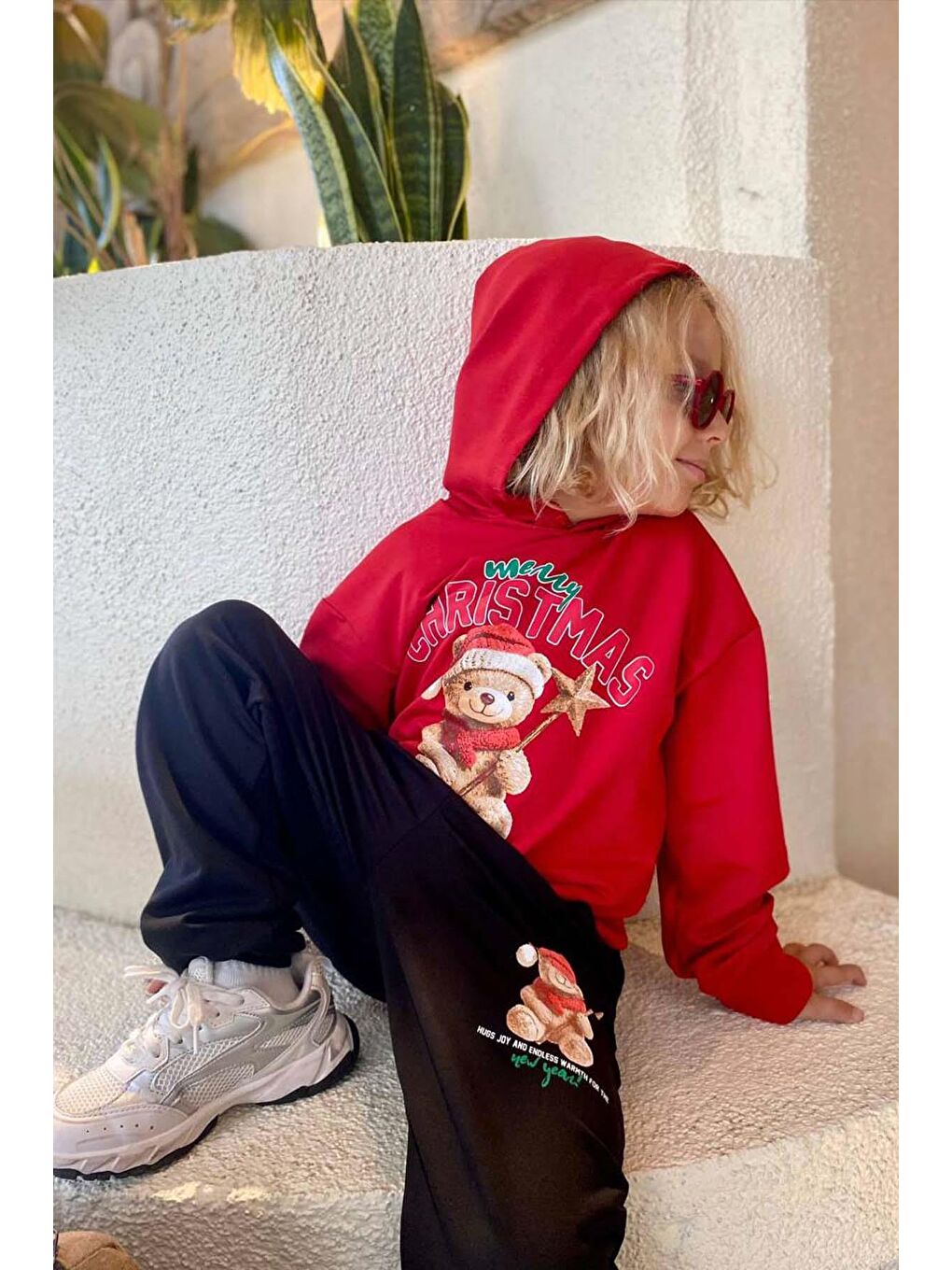 Erkek Çocuk Üzerinde Ayıcık Yazı Baskılı Kazak Kırmızı Eşofman Takım-2