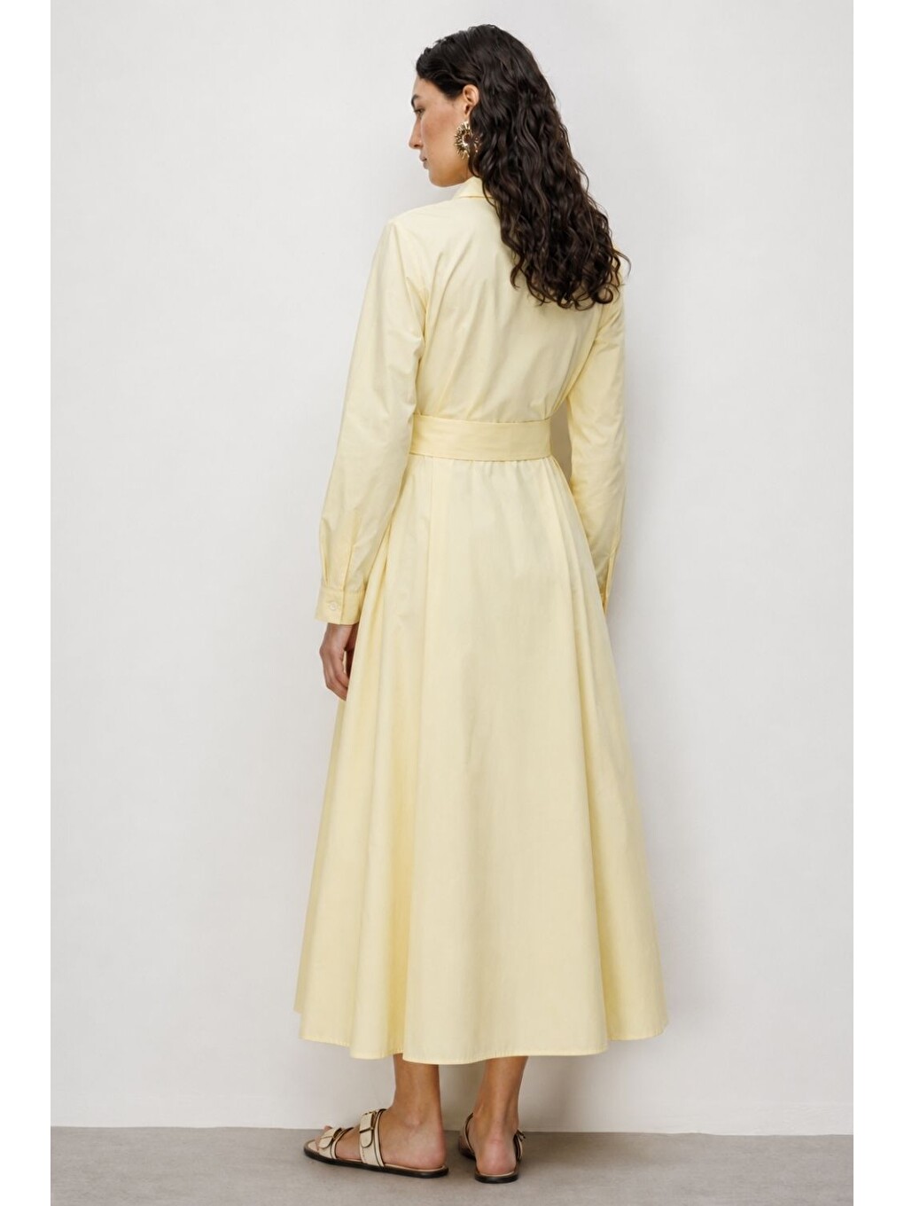 Kuşak Detaylı Poplin Gömlek Sarı Elbise-3