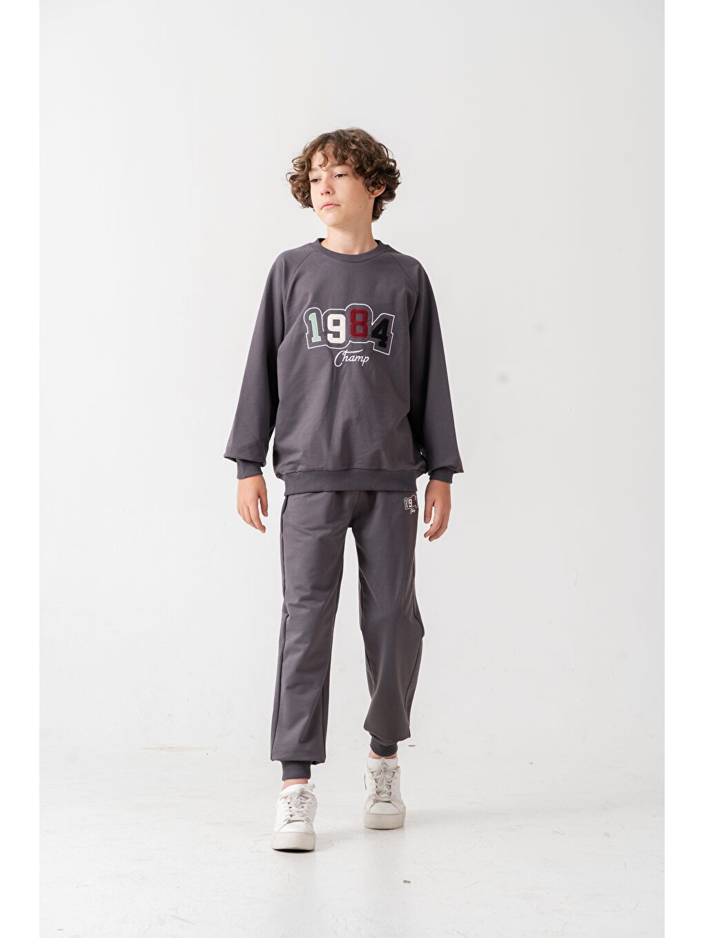 Gri 1984 Champ Aplike Nakışlı Baskılı Erkek Çocuk Alt Üst Eşofman Takımı-1