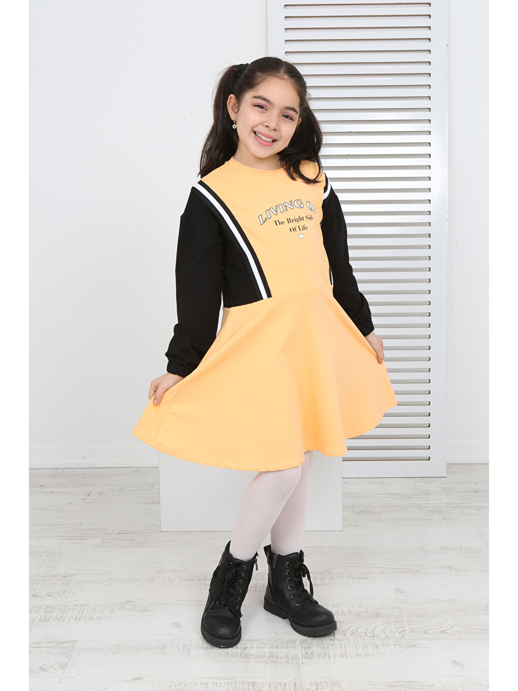 Turuncu Kız Çocuk Garni Detaylı Baskılı Elbise