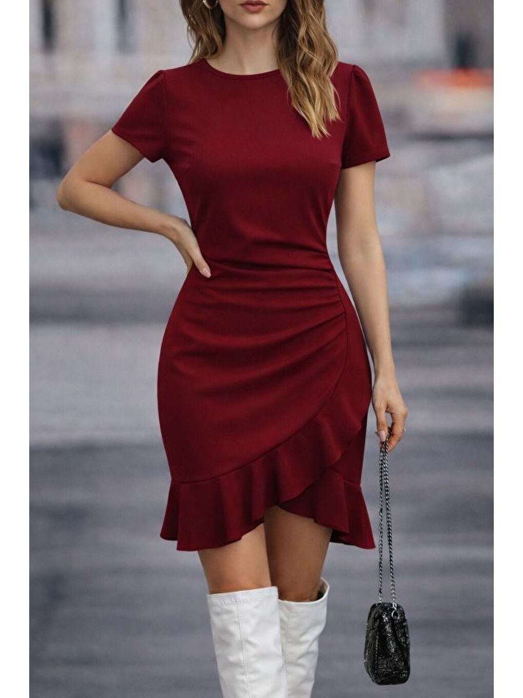 Bordo Kadın Kısa Kollu Bisiklet Yaka önden Volanlı Ithal Krep Elbise