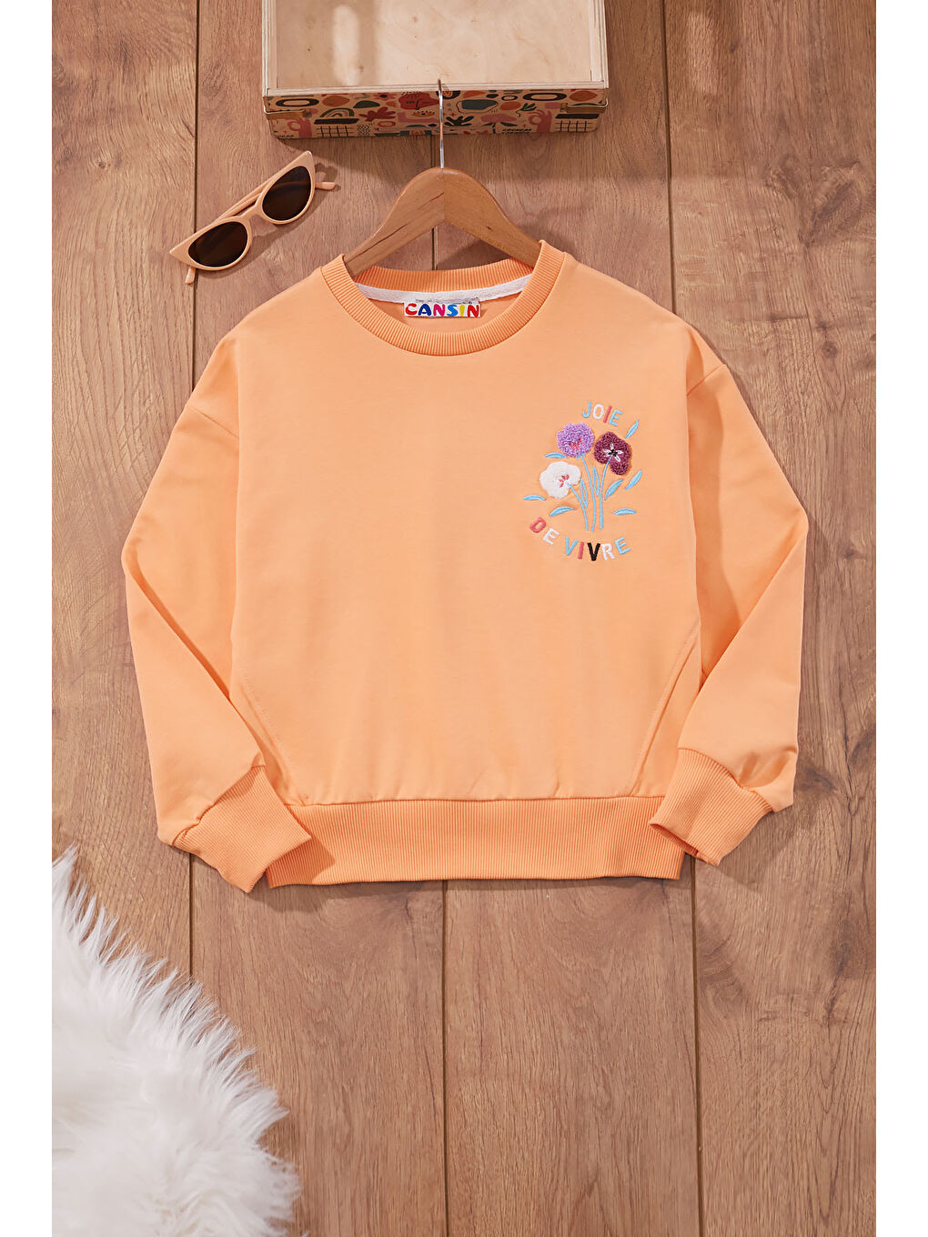 Cansın Mini Turuncu Çiçek Nakışlı Bisiklet Yaka Kız Çocuk Sweatshirt 19653