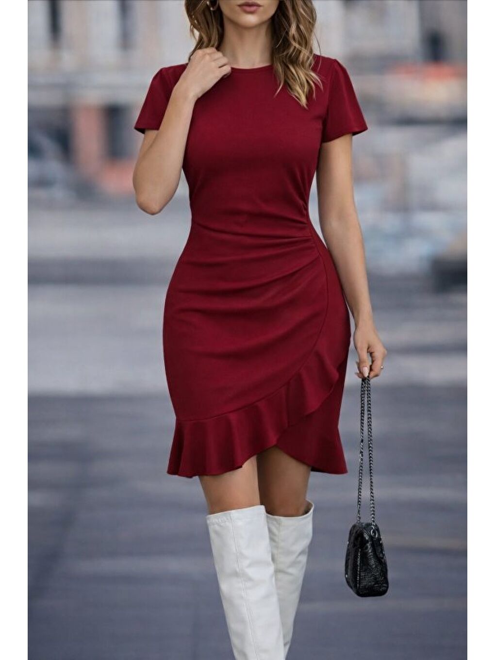 Bordo Kadın Kısa Kollu Bisiklet Yaka önden Volanlı Ithal Krep Elbise-2