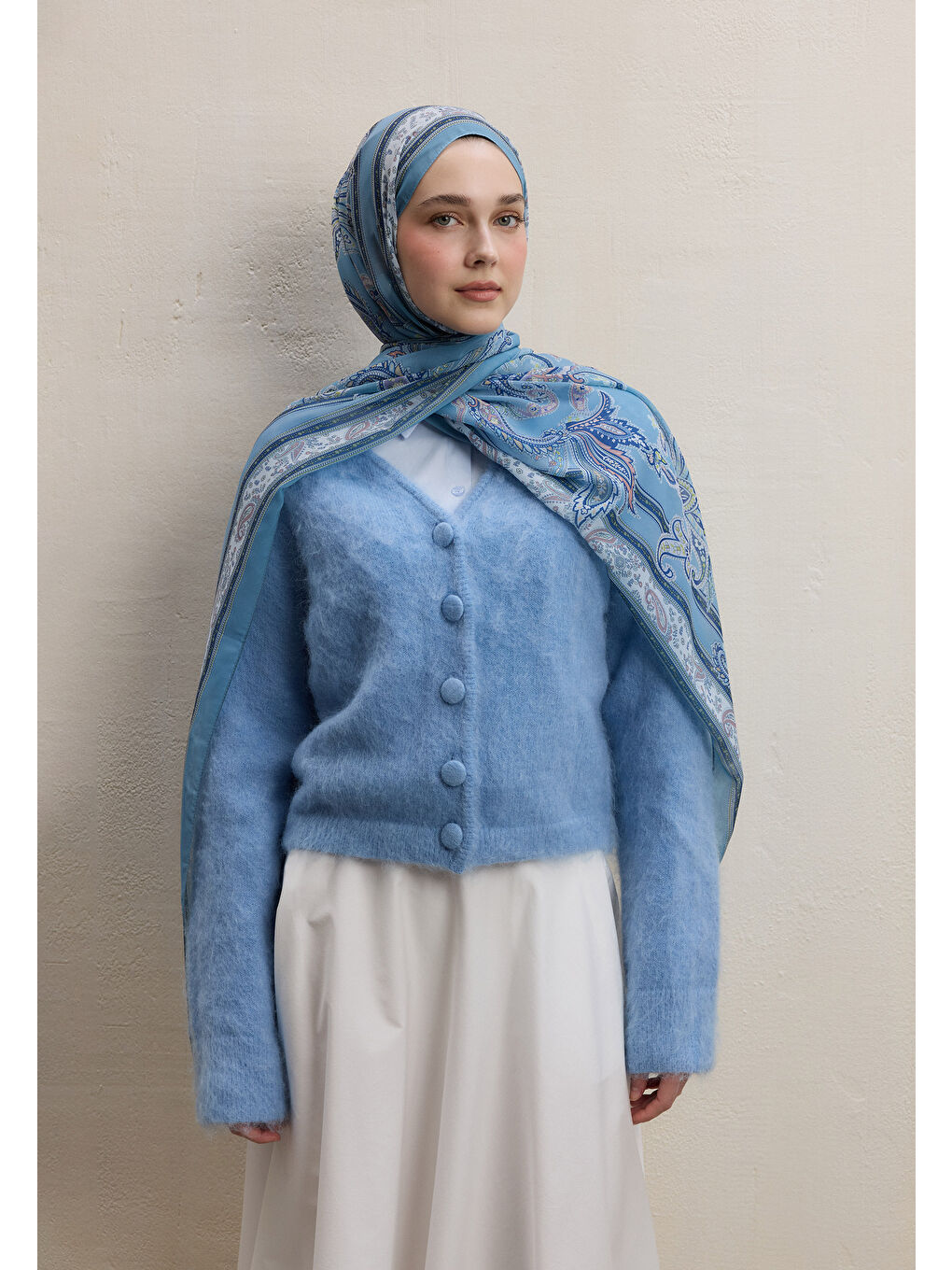 Luna Desen İpek Krep Şal Pastel Mavi-1