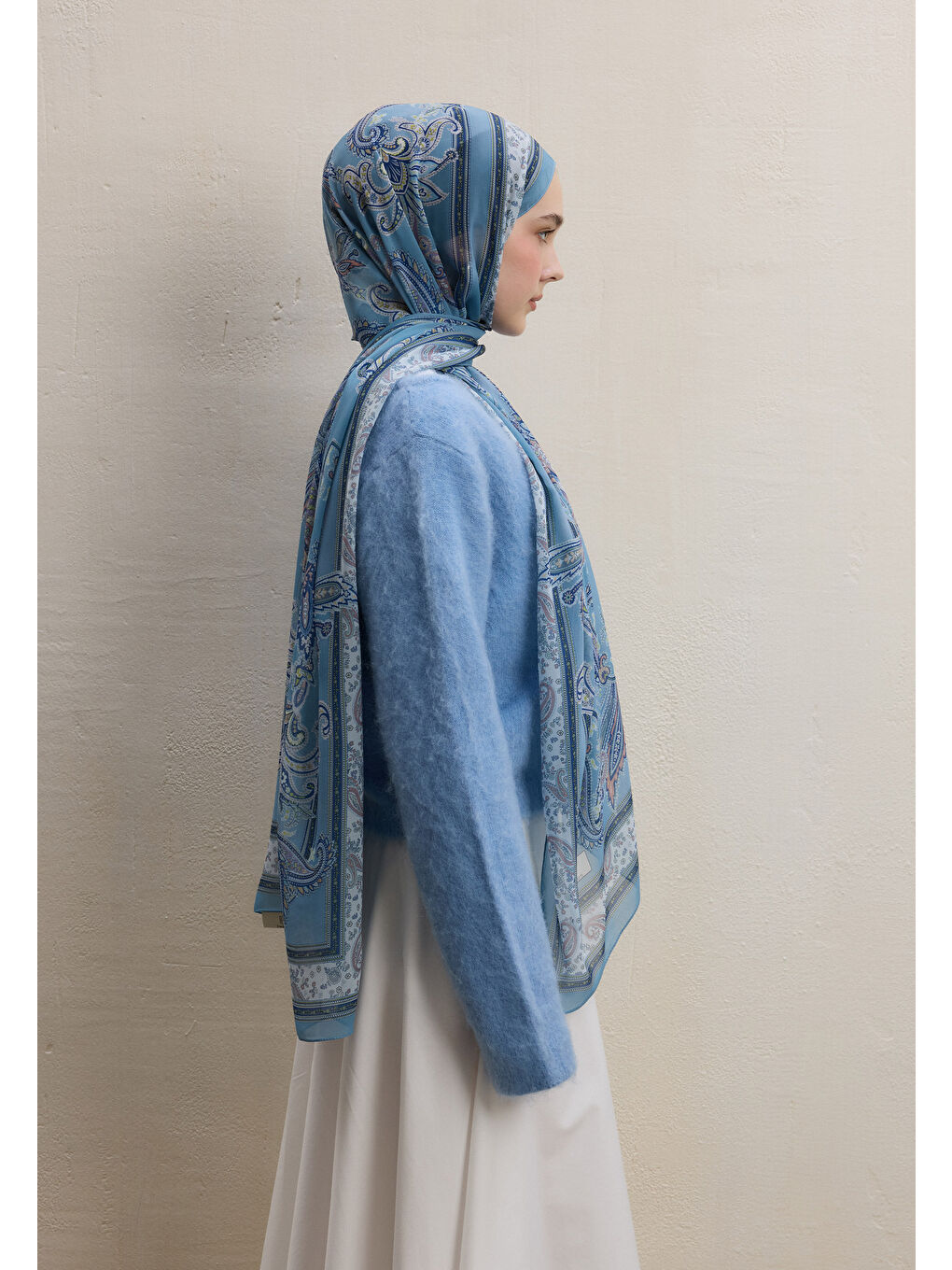 Luna Desen İpek Krep Şal Pastel Mavi-2