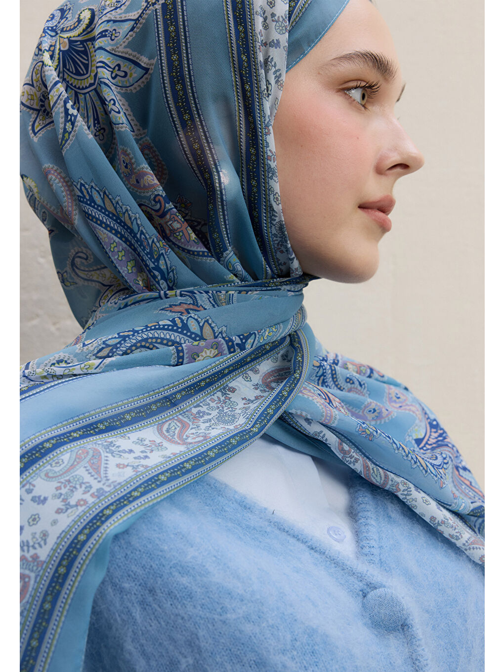 Luna Desen İpek Krep Şal Pastel Mavi-3