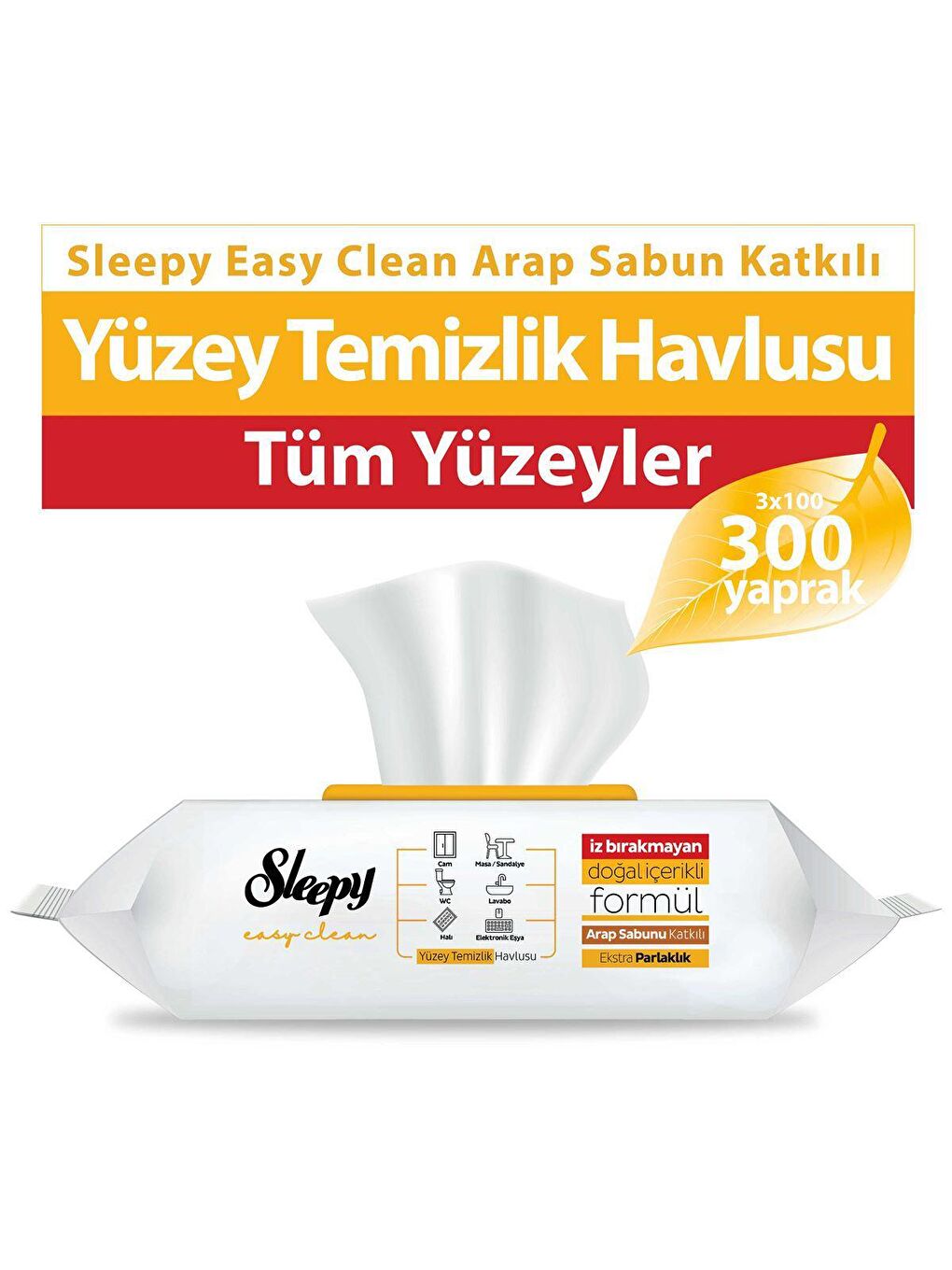 Sleepy Beyaz 3'lü Paket Easy Clean Arap Sabunu Katkılı Yüzey Temizlik Havlusu 3x100 (300 Yaprak)