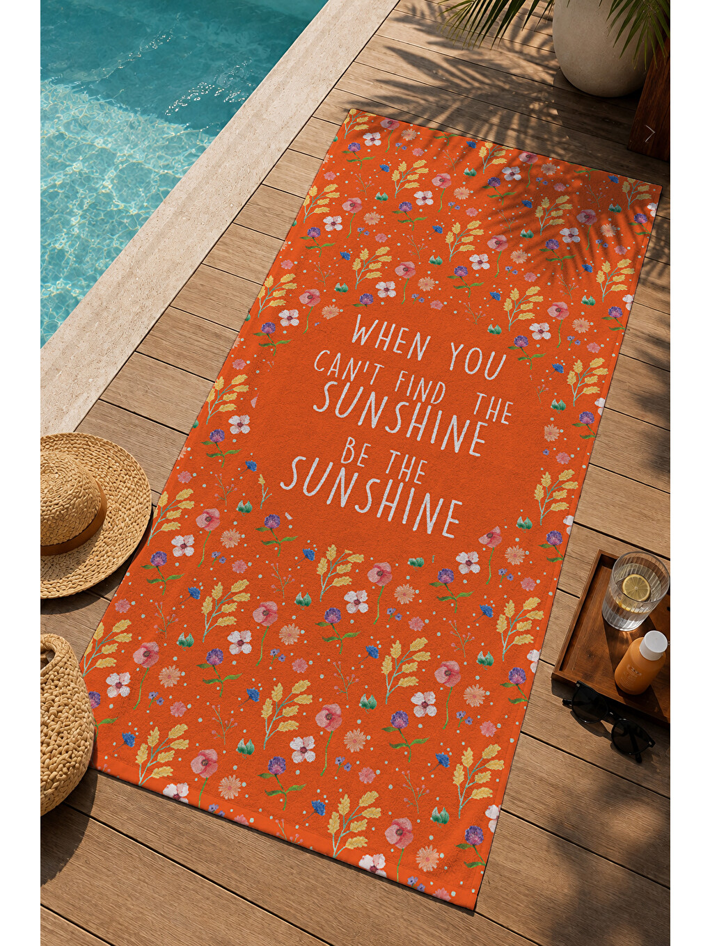 Turuncu Minik Çiçekli Yaz Temalı Tipografik Desenli 70x150 Cm Dijital Baskılı Plaj Ve Banyo Havlusu-2