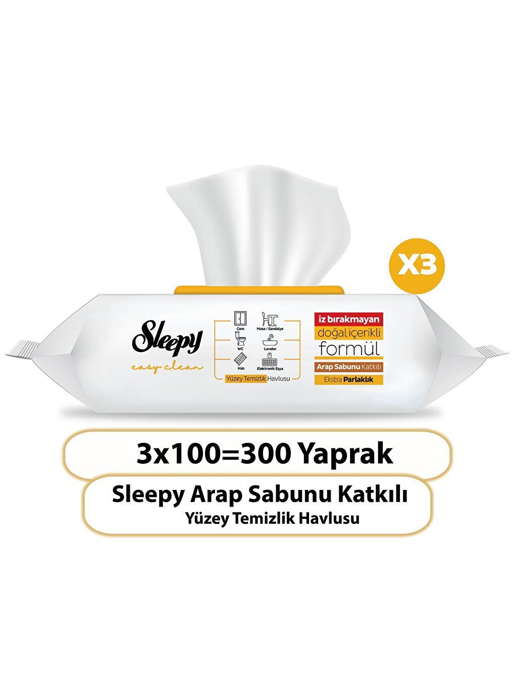 Sleepy Beyaz 3'lü Paket Easy Clean Arap Sabunu Katkılı Yüzey Temizlik Havlusu 3x100 (300 Yaprak) - 1