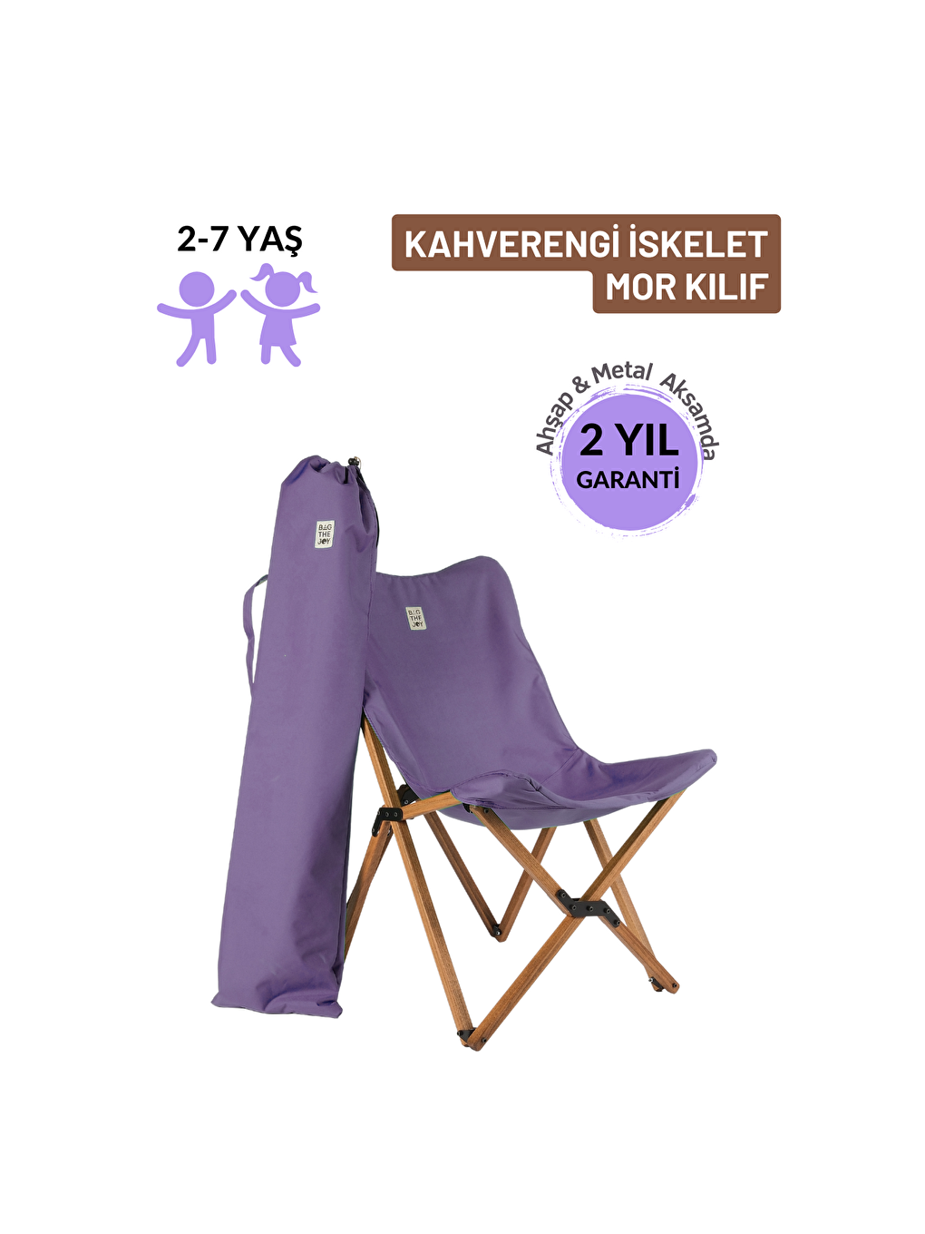 Bag The Joy Mor Kıds Katlanır Ahşap Kamp   Bahçe Sandalyesi Kahverengi İskelet   Mor Kılıf