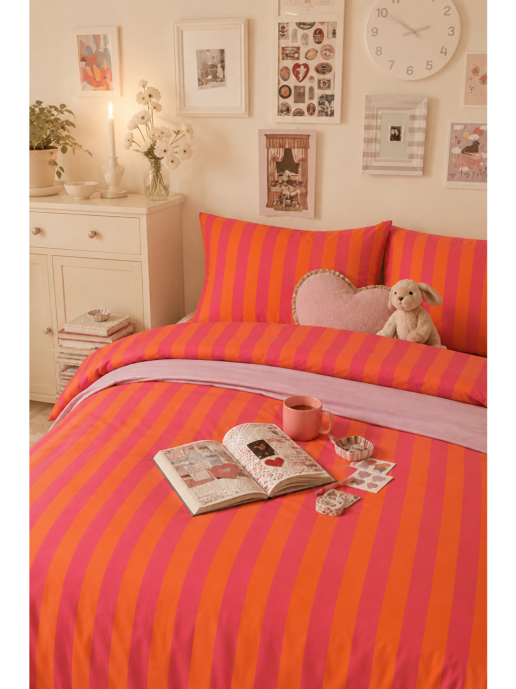 Mint Yeşili Pudra Pembe Çizgili Çift Kişilik Nevresim Seti Pastel Şerit Desenli Yorgan Kılıfı-1