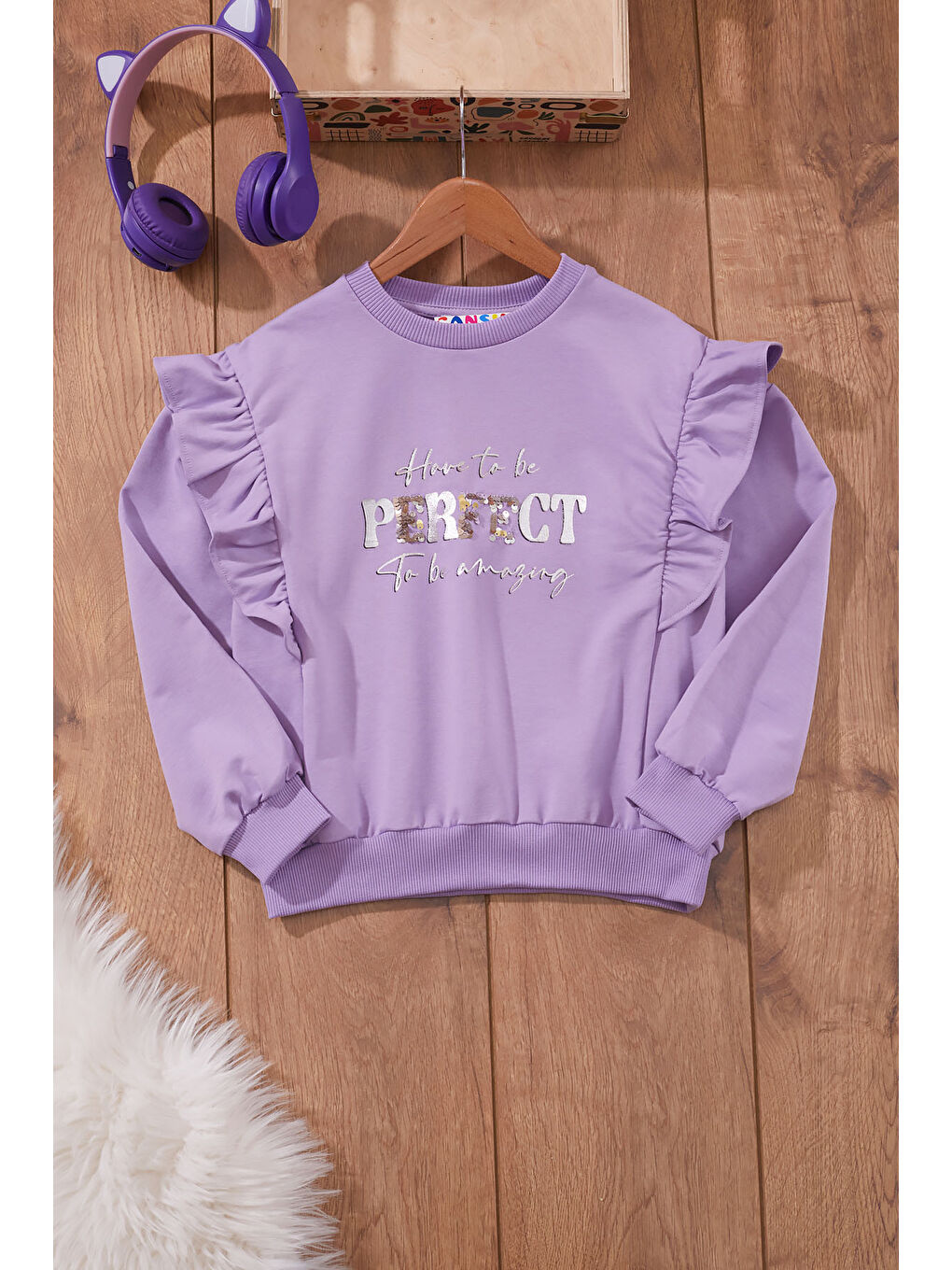 Cansın Mini Lila Payet Nakışlı Yazılı Bisiklet Yaka Kız Çocuk Sweatshirt 19654