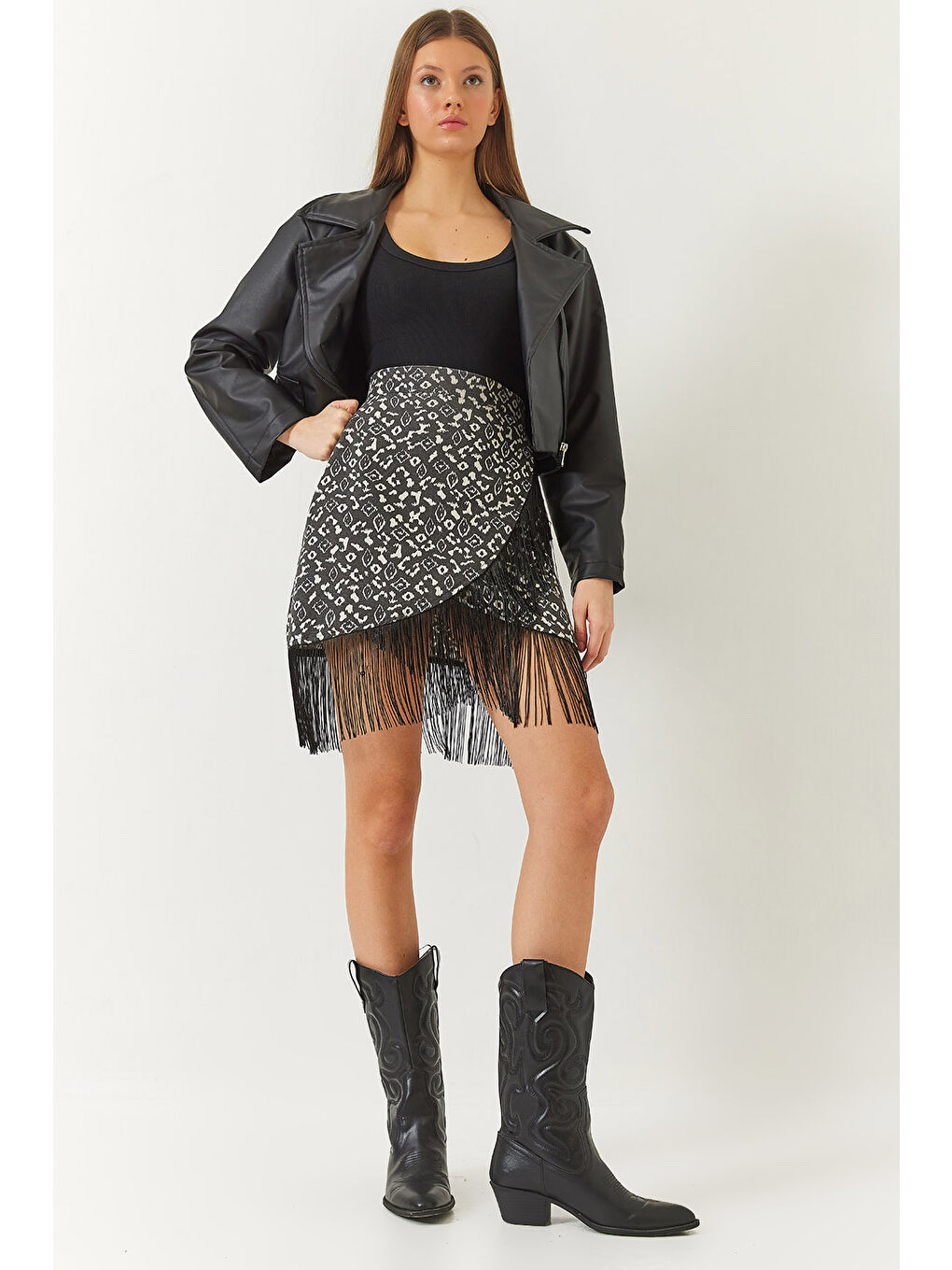 Antrasit Kadın Anvelop Detaylı Desenli Püsküllü Etek DE