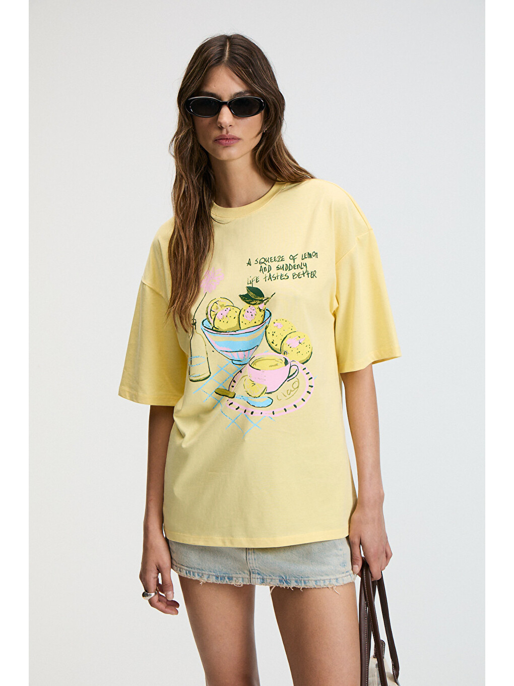 Sarı NITZA Kadın %100 Pamuk Oversize Bisiklet Yaka SARI T-Shirt-2