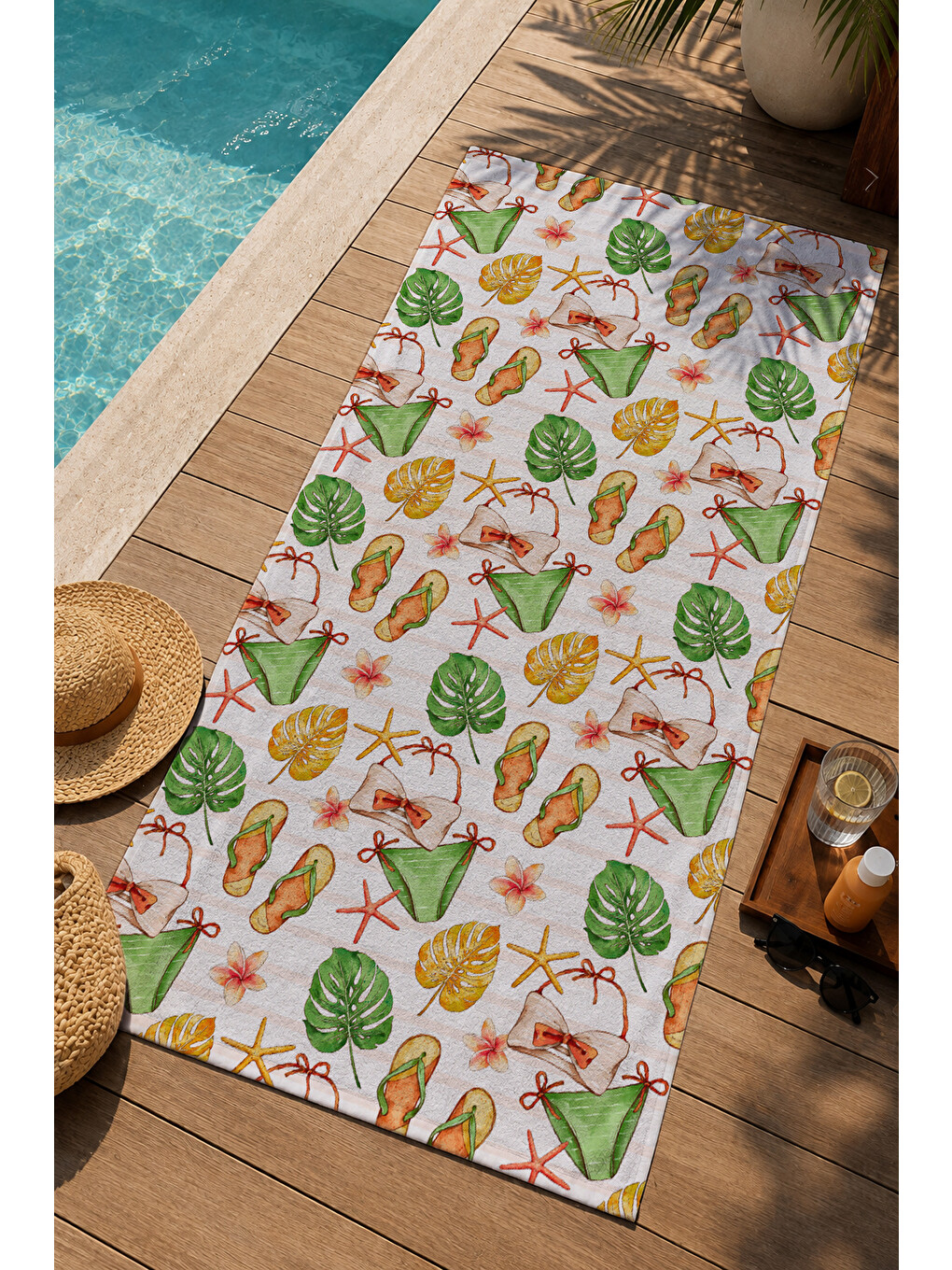 Ekru Tropikal Yaprak Ve Meyve Desenli 70x150 Cm Dijital Baskılı Plaj Ve Banyo Havlusu-2